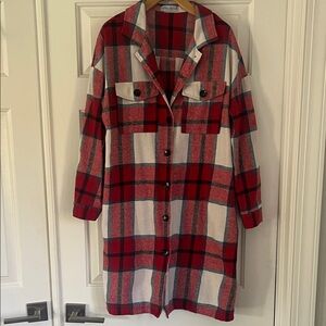 Red and White Plaid Long Coat